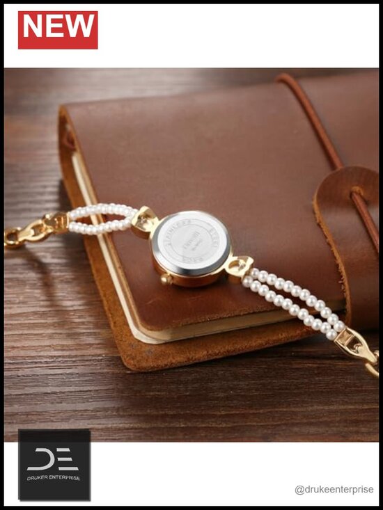 Elegant Pearl Strap Analog Quartz Wrist Watch - Gold Silver Retro Bezel main image 5